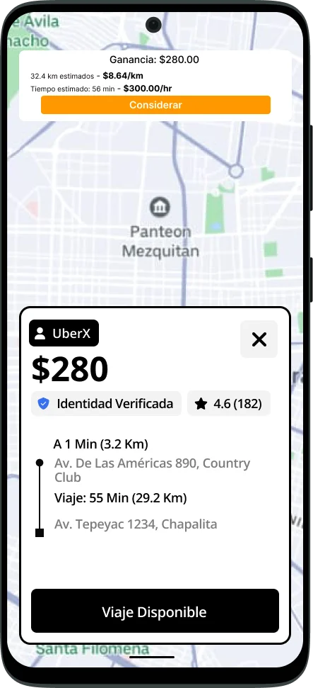 UDDI App showing 'Considerar' recommendation on map