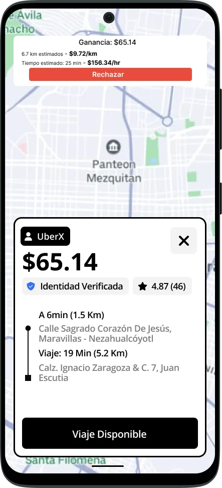 UDDI App showing 'Rechazar' recommendation on map